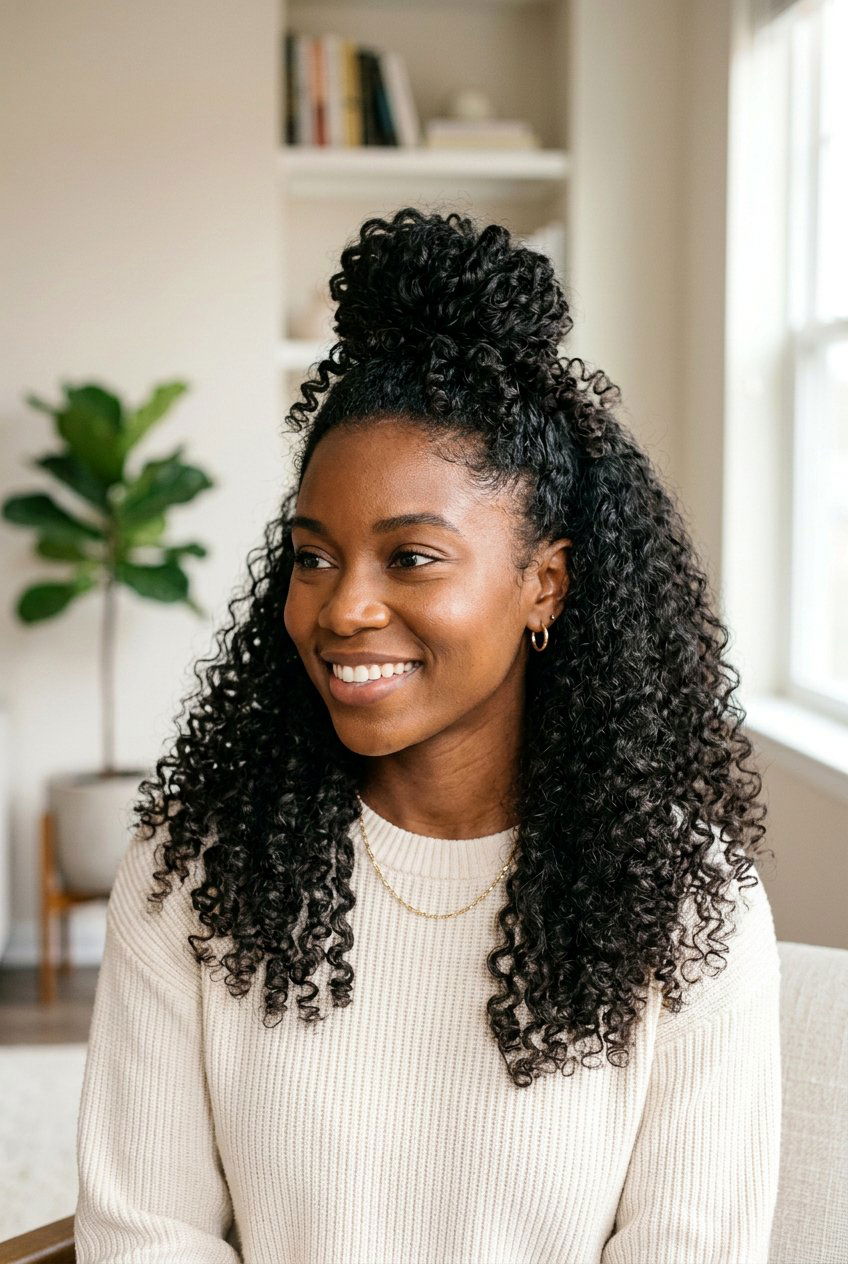 Half Up Curly Top Knot - 20 date night half up hairstyle - 20 date night half up hairstyle