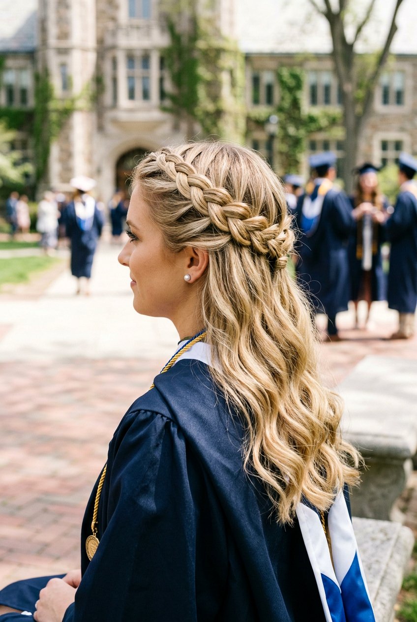 Half Up Dutch Braid Crown - 20 graduation hairstyle with half up braid - 20 graduation hairstyle with half up braid