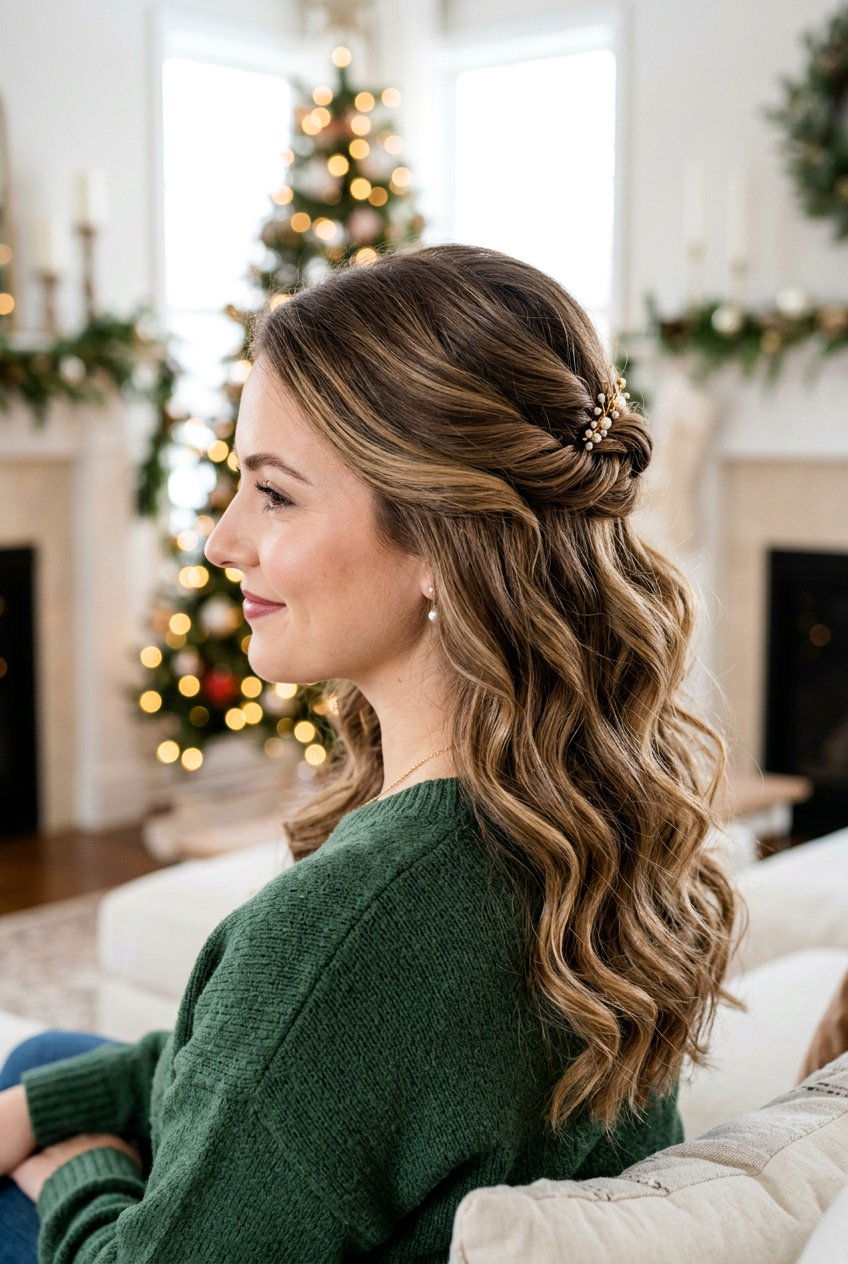 Half Up Festive Waves - 20 simple festive hairstyles - 20 simple festive hairstyles