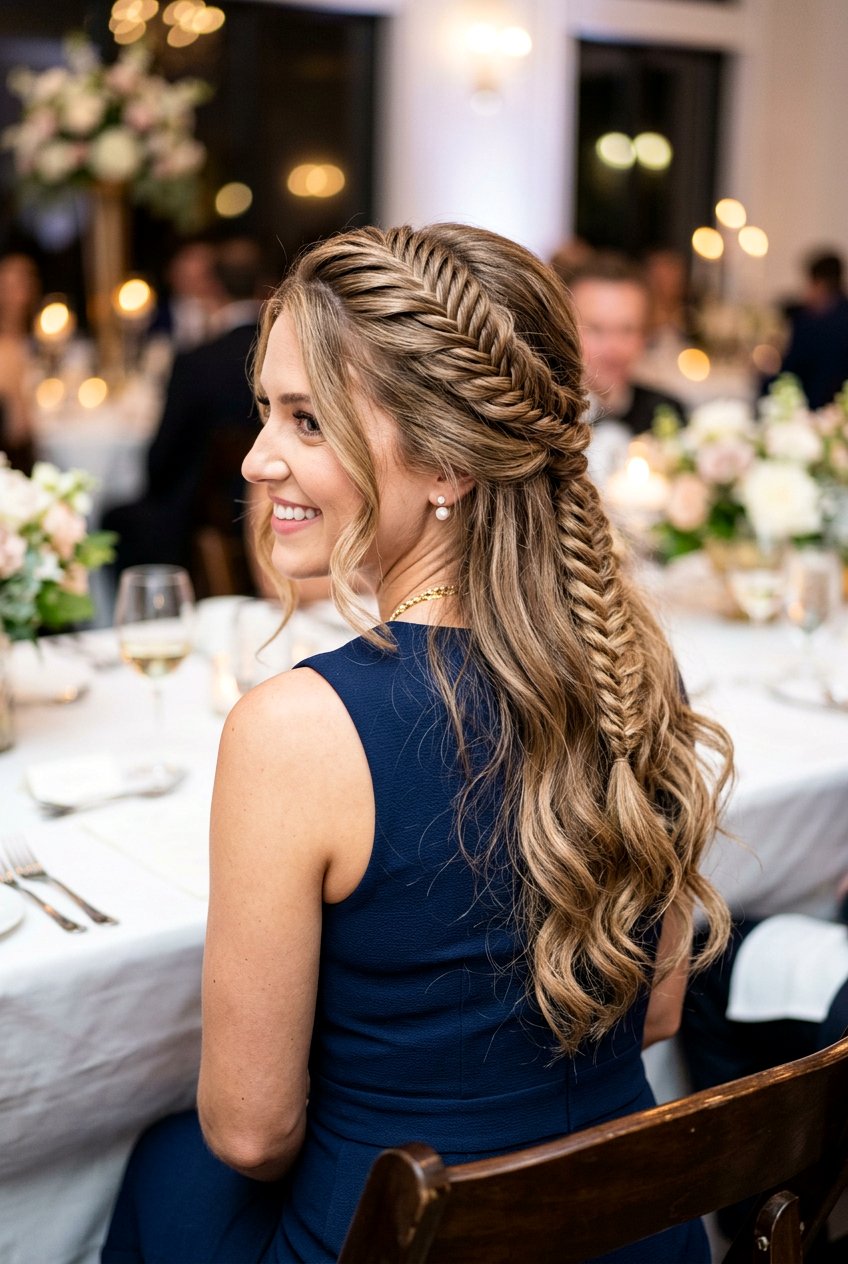 Half Up Fishtail Braid With Loose Waves - 20 date night half up hairstyle - 20 date night half up hairstyle