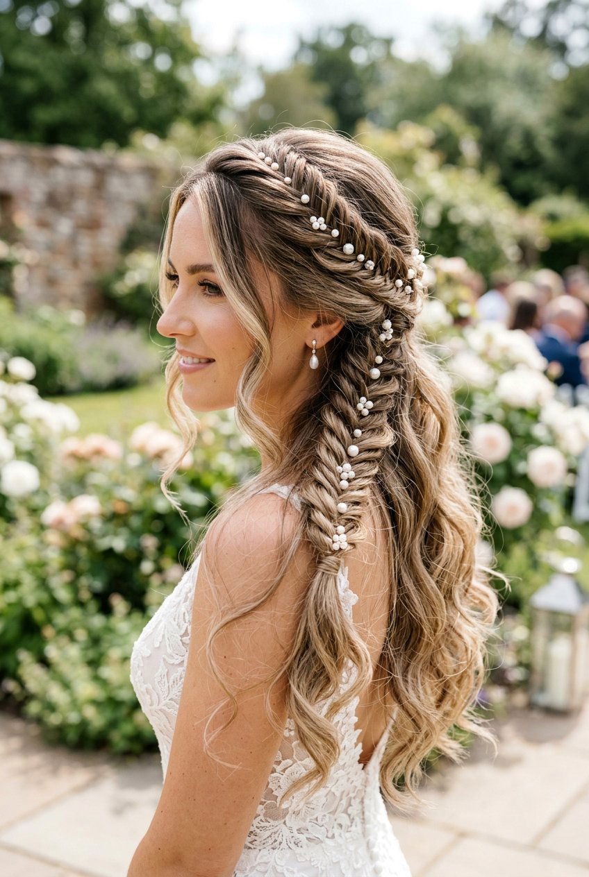 Half Up Fishtail Braid With Pearl Pins - 20 bridal half up with pearl pins - 20 bridal half up with pearl pins