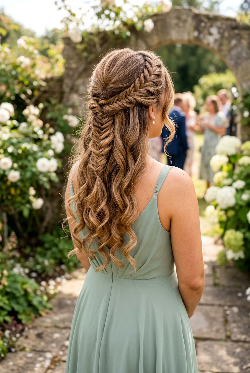 Half Up Fishtail Braid With Soft Curls - 20 bridesmaid half up with curls - 20 bridesmaid half up with curls