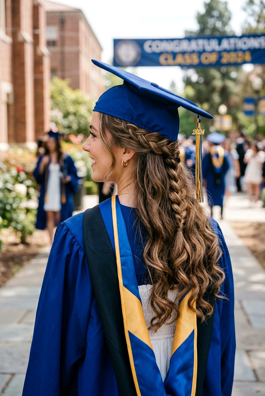Half Up French Braid With Graduation Cap - 20 graduation half up hairstyle with cap - 20 graduation half up hairstyle with cap