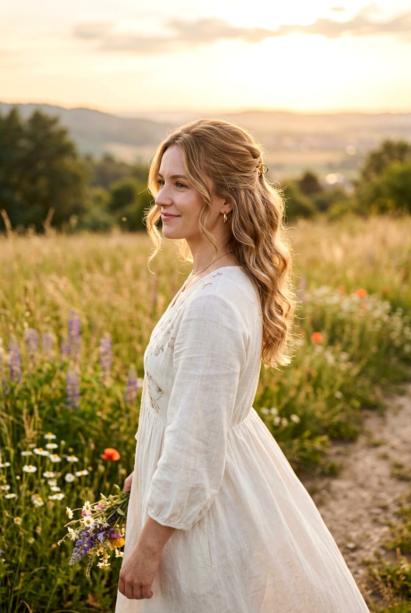 Half Up Hair For Golden Hour - 20 sunset photo shoot hairstyles - 20 sunset photo shoot hairstyles