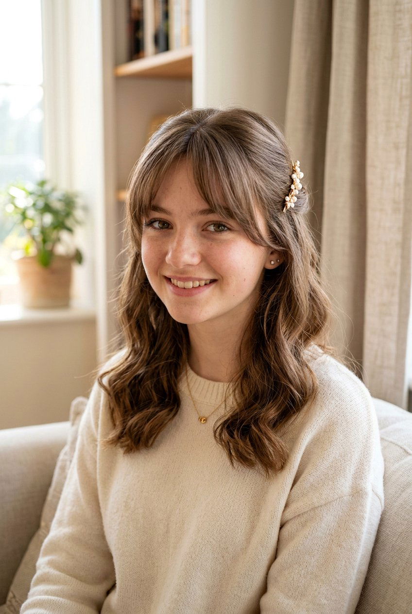 Half Up Hairstyle With Curtain Bangs - 20 curtain bangs for teenage girls - 20 curtain bangs for teenage girls