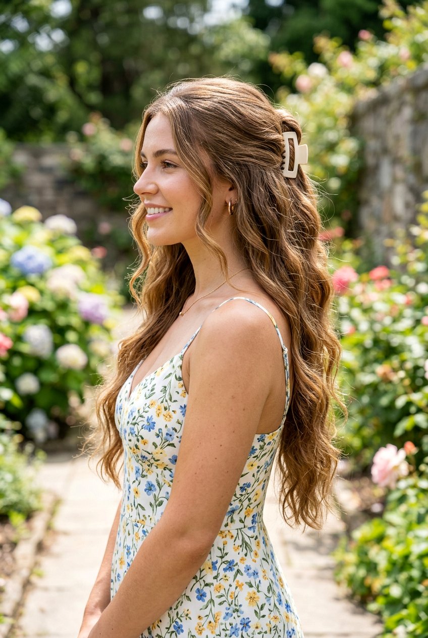 Half Up Half Down - 20 easy claw clip hairstyles for long hair - 20 easy claw clip hairstyles for long hair