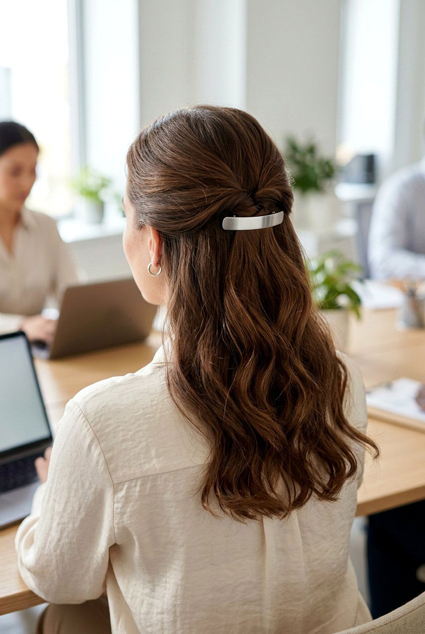 Half Up Half Down Barrette - 20 easy meeting hairstyle for women - 20 easy meeting hairstyle for women