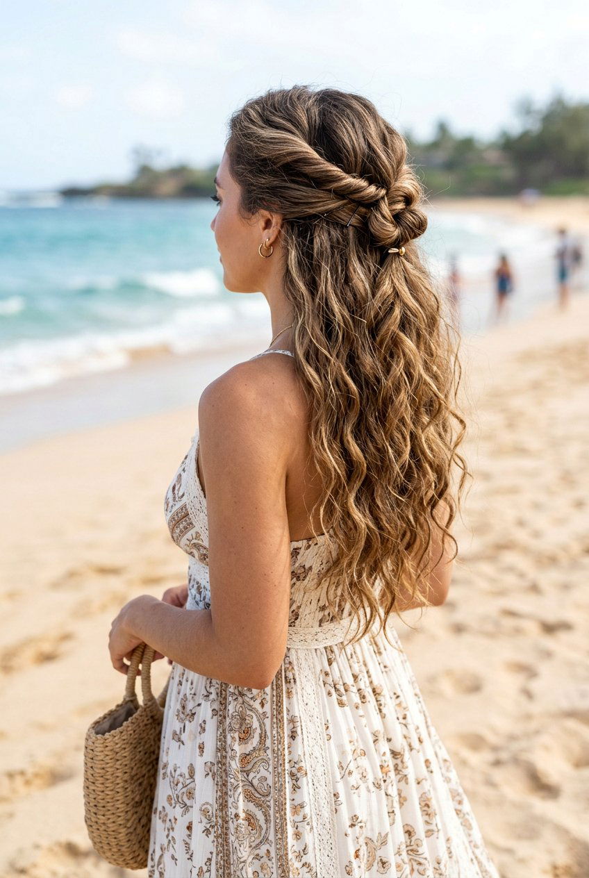 Half Up Half Down Beach Waves - 20 beach photo shoot hairstyles - 20 beach photo shoot hairstyles