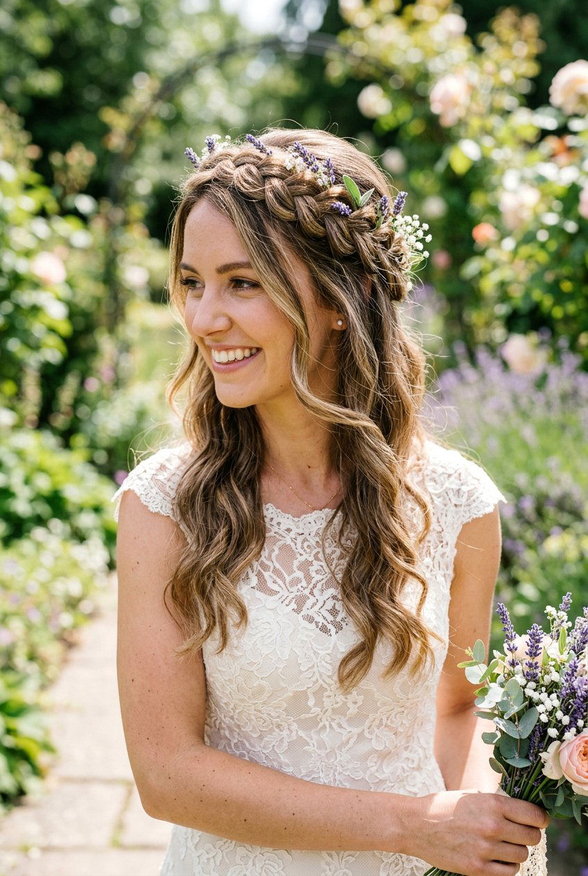 Half Up Half Down Braided Crown With Lavender - 20 floral bridal braid hairstyle - 20 floral bridal braid hairstyle
