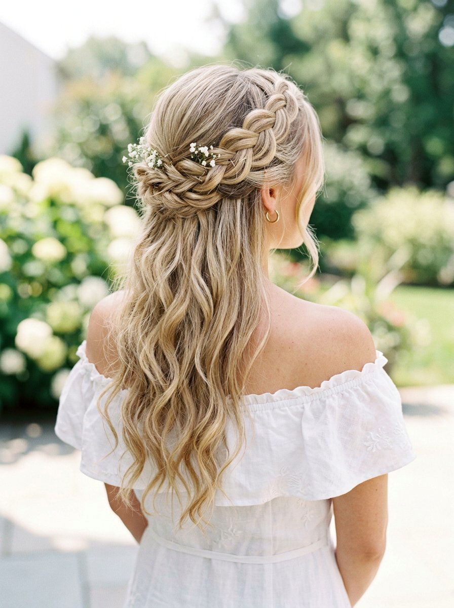Half Up Half Down Braided Crown - 20 party hairstyle for off shoulder dress - 20 party hairstyle for off shoulder dress