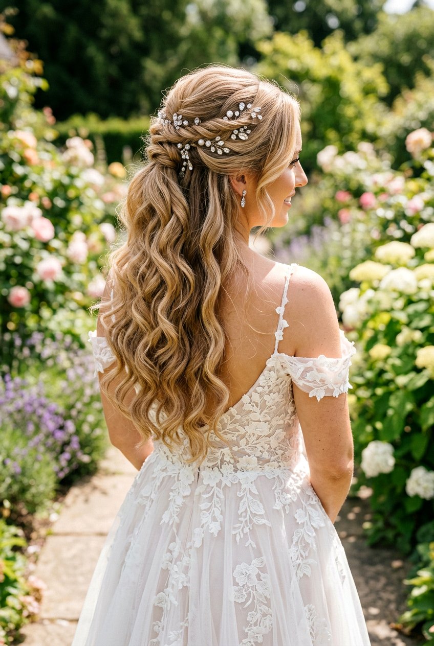 Half Up Half Down Bridal Ponytail With Crystal Pins - 20 bridal ponytail with crystal pins - 20 bridal ponytail with crystal pins