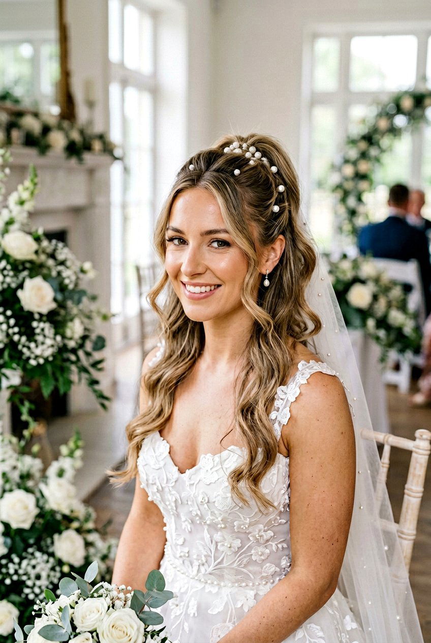 Half Up Half Down Bridal Ponytail With Pearl Pins - 20 bridal ponytail with pearl pins - 20 bridal ponytail with pearl pins