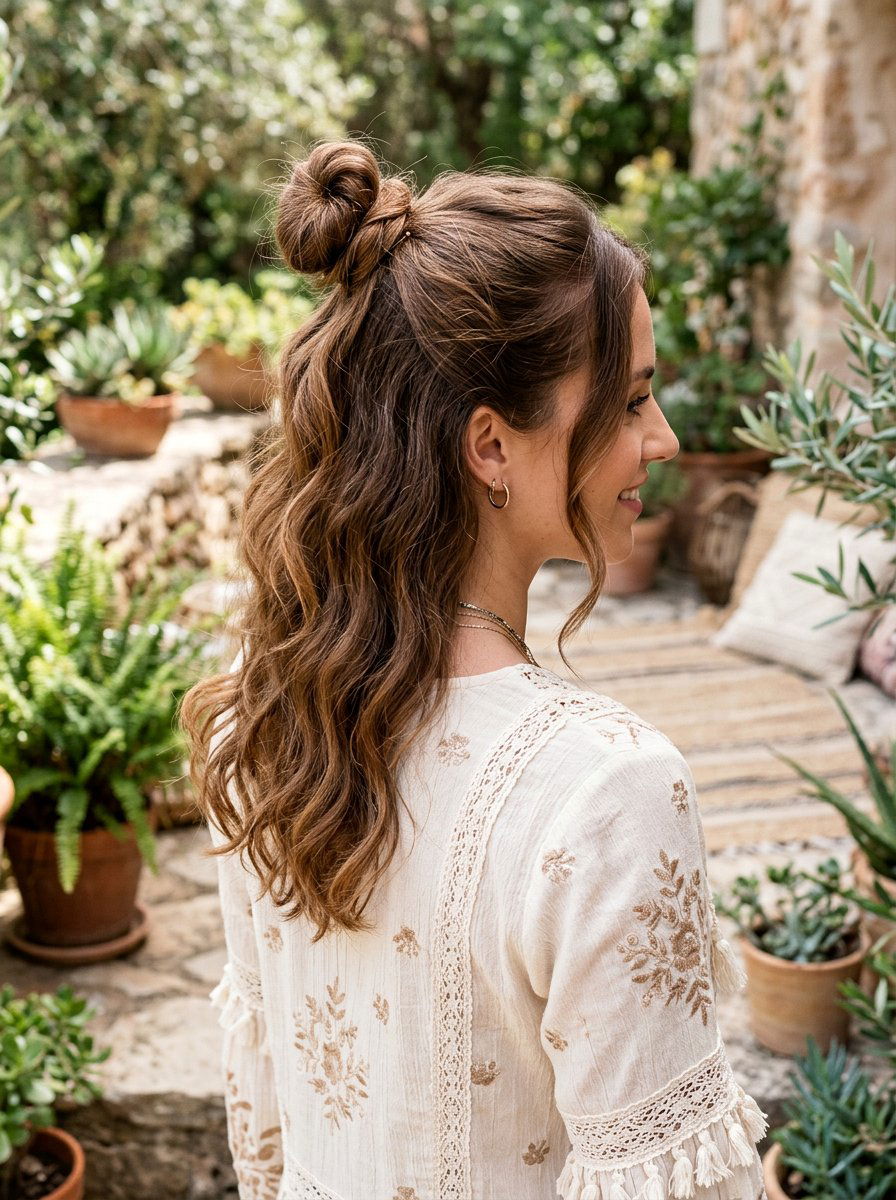 Half Up Half Down Bun - 20 road trip bun hairstyle - 20 road trip bun hairstyle