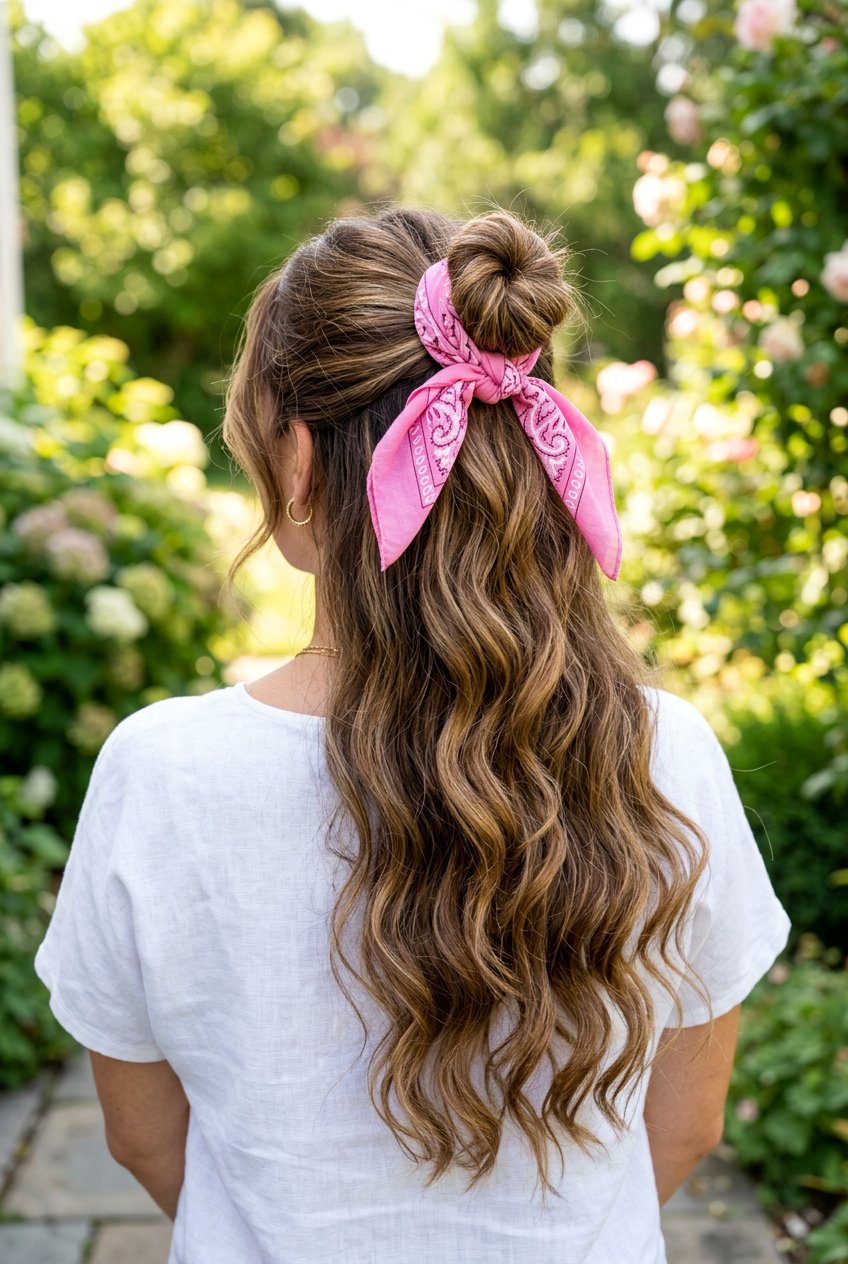 Half Up Half Down Bun With Bandana - 20 bandana bun hairstyle - 20 bandana bun hairstyle