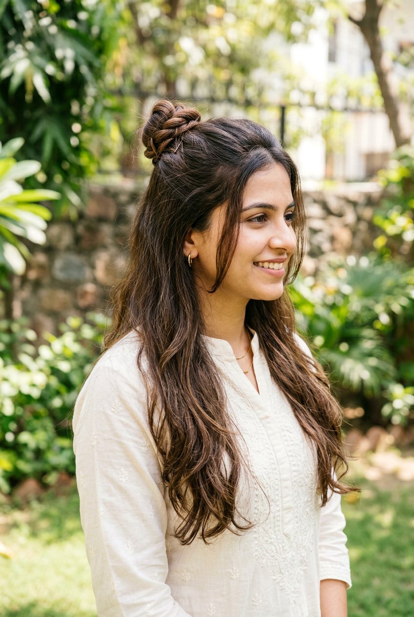 Half Up Half Down Bun With Long Hair - 20 monsoon hairstyle for long hair - 20 monsoon hairstyle for long hair