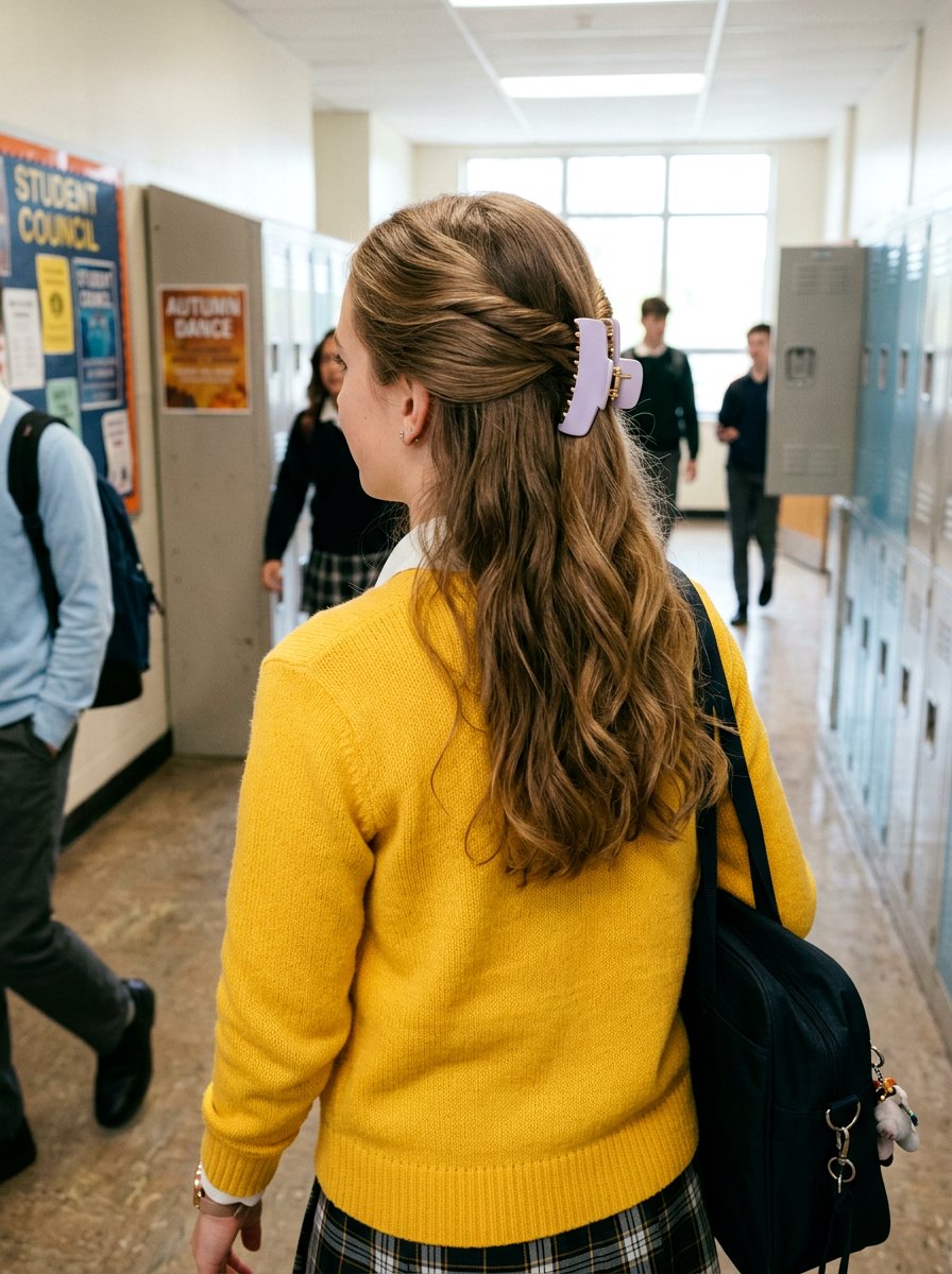 Half Up Half Down Claw Clip - 20 claw clip hairstyle for school girls - 20 claw clip hairstyle for school girls