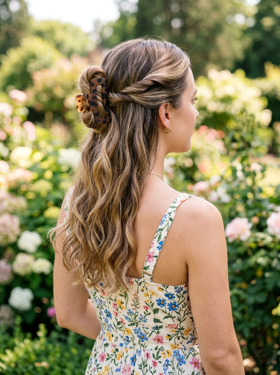 Half Up Half Down Claw Clip Bun - 20 vacation hairstyle with claw clip bun - 20 vacation hairstyle with claw clip bun