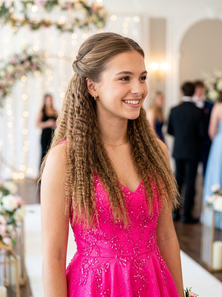 Half Up Half Down Crimped Hair - 20 homecoming half up hairstyle - 20 homecoming half up hairstyle