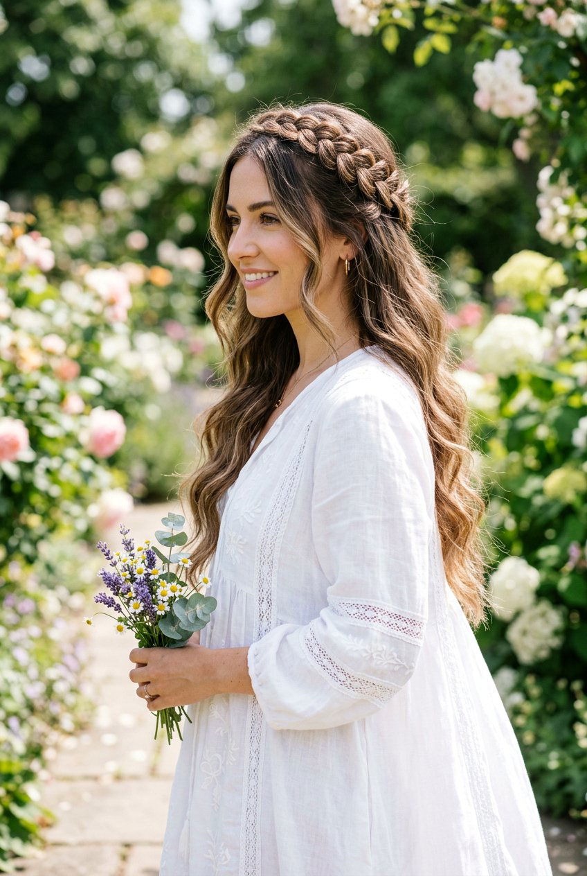 Half Up Half Down Crown Braid - 20 beach day braid hairstyle - 20 beach day braid hairstyle