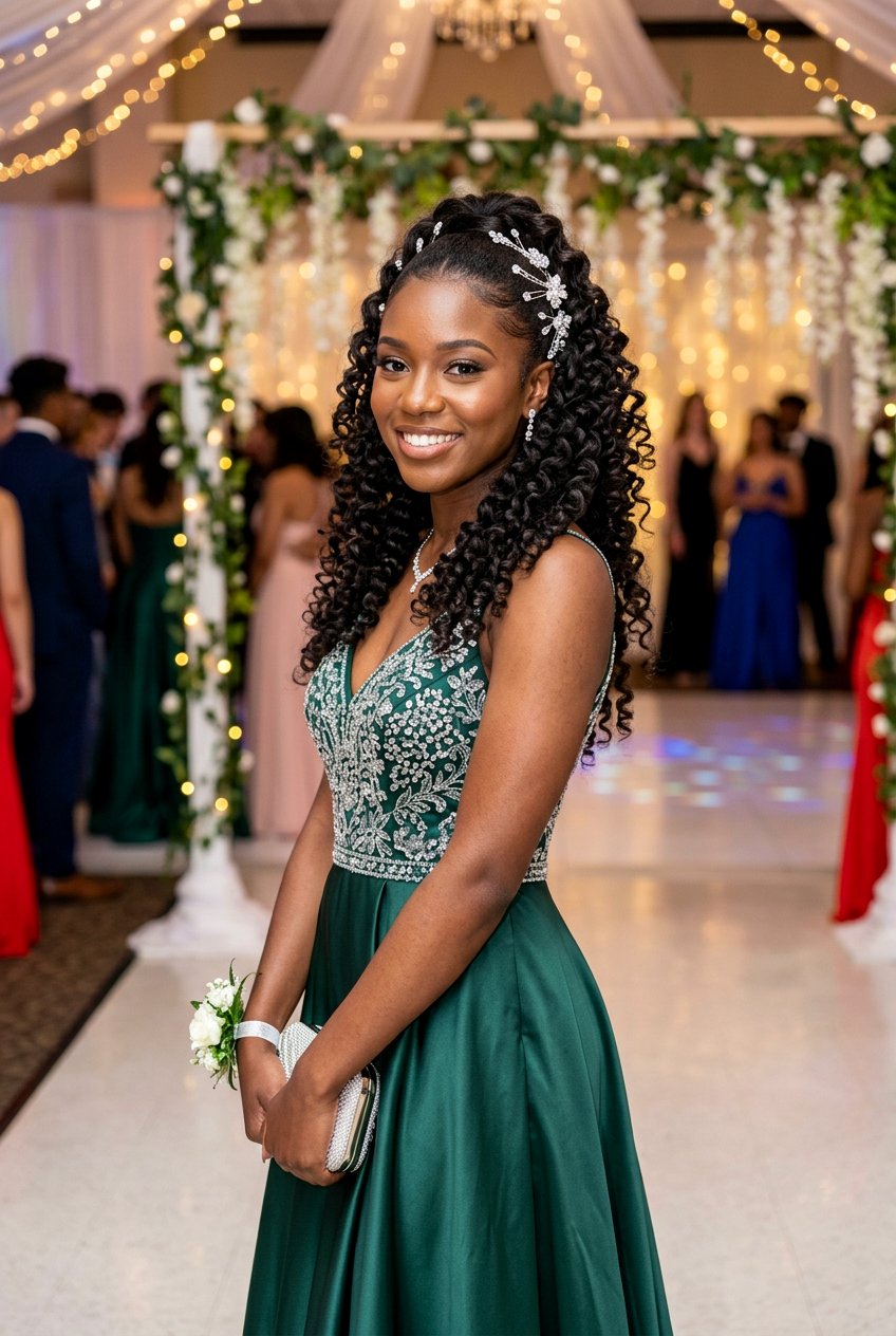 Half Up Half Down Curls - 20 black women prom hairstyle ideas - 20 black women prom hairstyle ideas