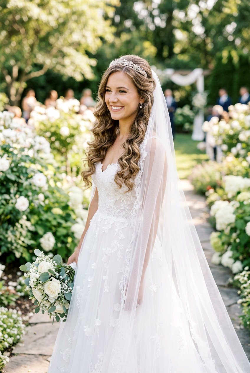 Half Up Half Down Curls - 20 bridal hairstyle for veil and tiara - 20 bridal hairstyle for veil and tiara