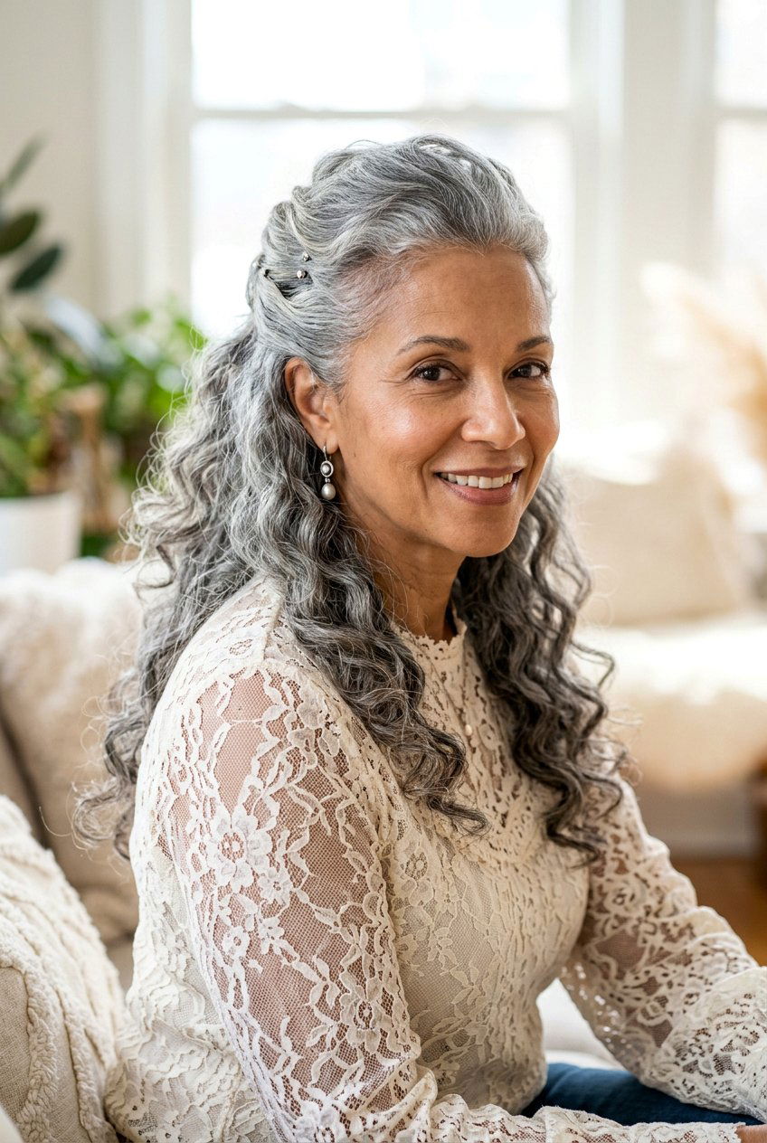 Half Up Half Down Curls - 20 curly wedding guest hairstyle for mature women - 20 curly wedding guest hairstyle for mature women