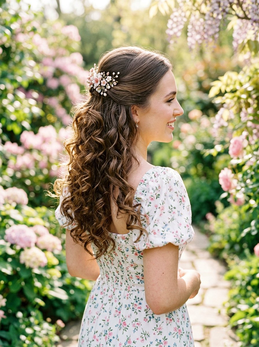 Half Up Half Down Curls - 20 elegant haircut for wedding guest women - 20 elegant haircut for wedding guest women