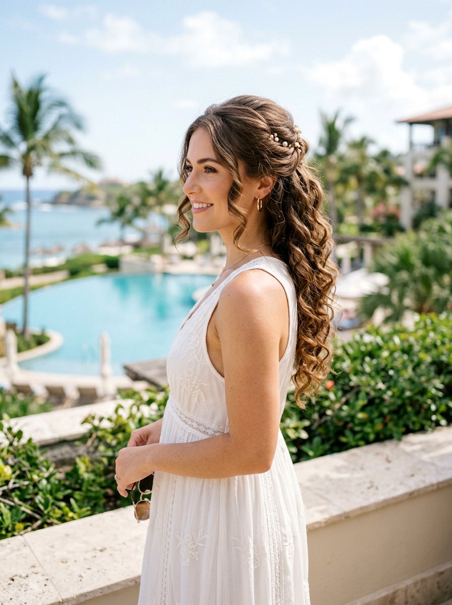 Half Up Half Down Curls - 20 vacation hairstyle for resort dinner - 20 vacation hairstyle for resort dinner