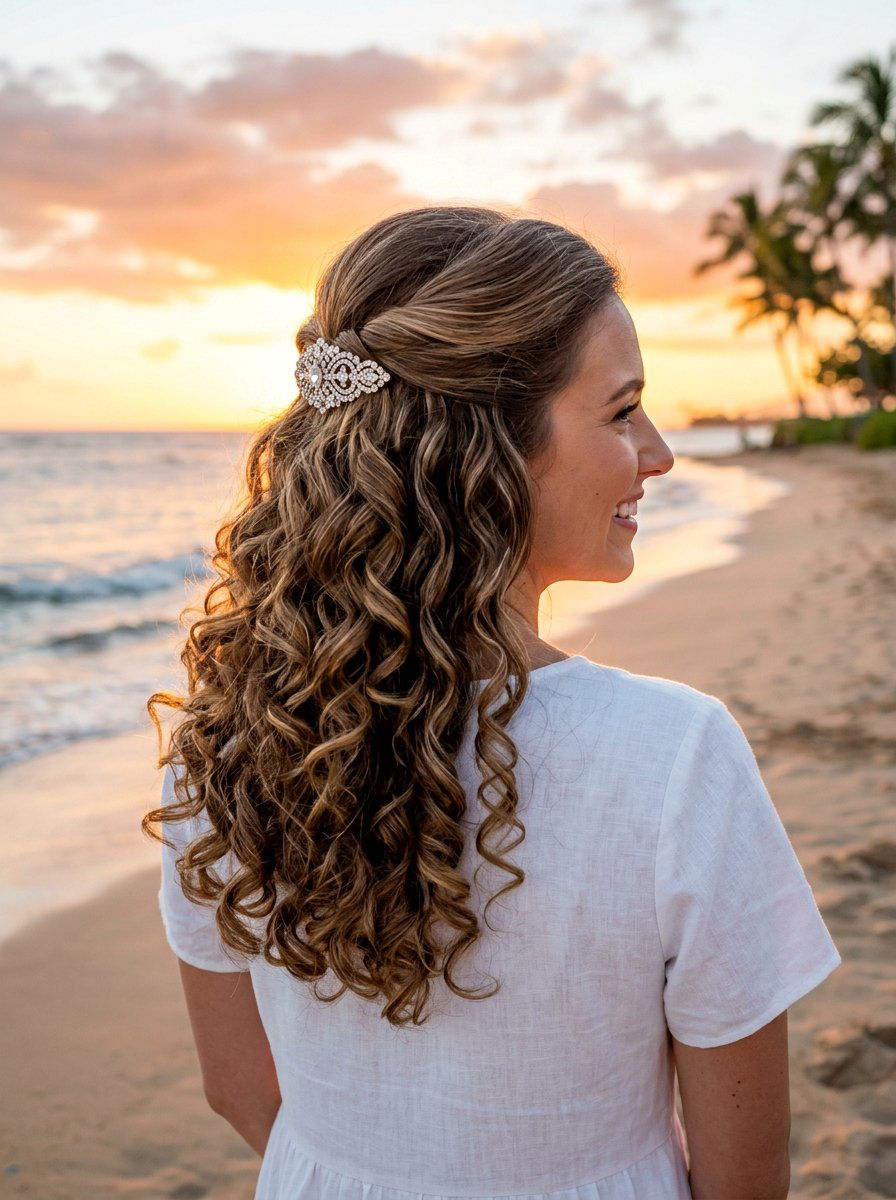 Half Up Half Down Curls - 20 wedding hairstyles for beach ceremony - 20 wedding hairstyles for beach ceremony