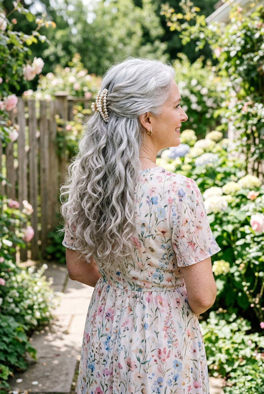 Half Up Half Down Curls - 20 wedding guest hairstyle for naturally gray hair - 20 wedding guest hairstyle for naturally gray hair