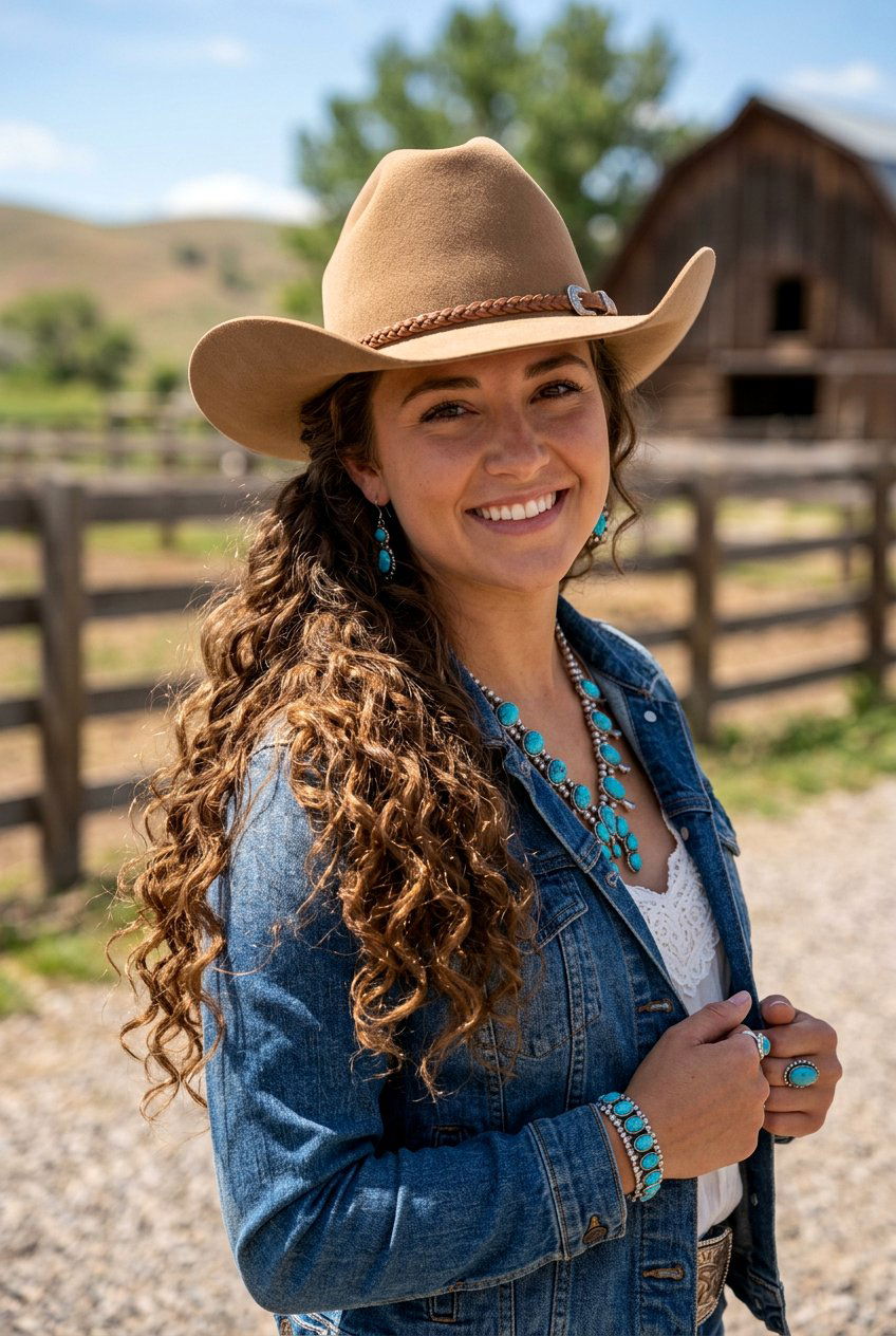 Half Up Half Down Curls Cowboy Hat - 20 country concert curls hairstyle - 20 country concert curls hairstyle