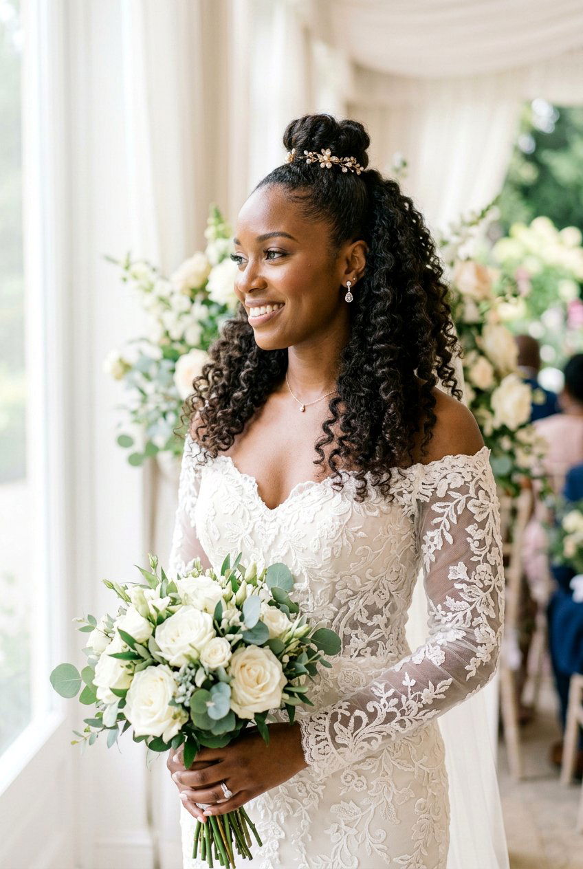 Half Up Half Down Curls For Black Brides - 20 wedding hairstyles for black brides - 20 wedding hairstyles for black brides