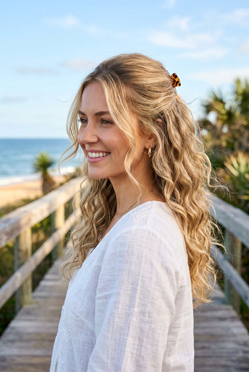 Half Up Half Down Curls Summer Look - 20 summer hairstyles for curly hair - 20 summer hairstyles for curly hair