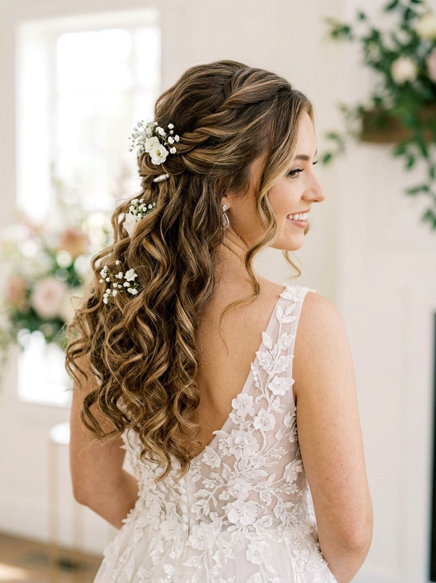 Half Up Half Down Curls Wedding Hair - 20 elegant bridal hairstyle for medium hair - 20 elegant bridal hairstyle for medium hair