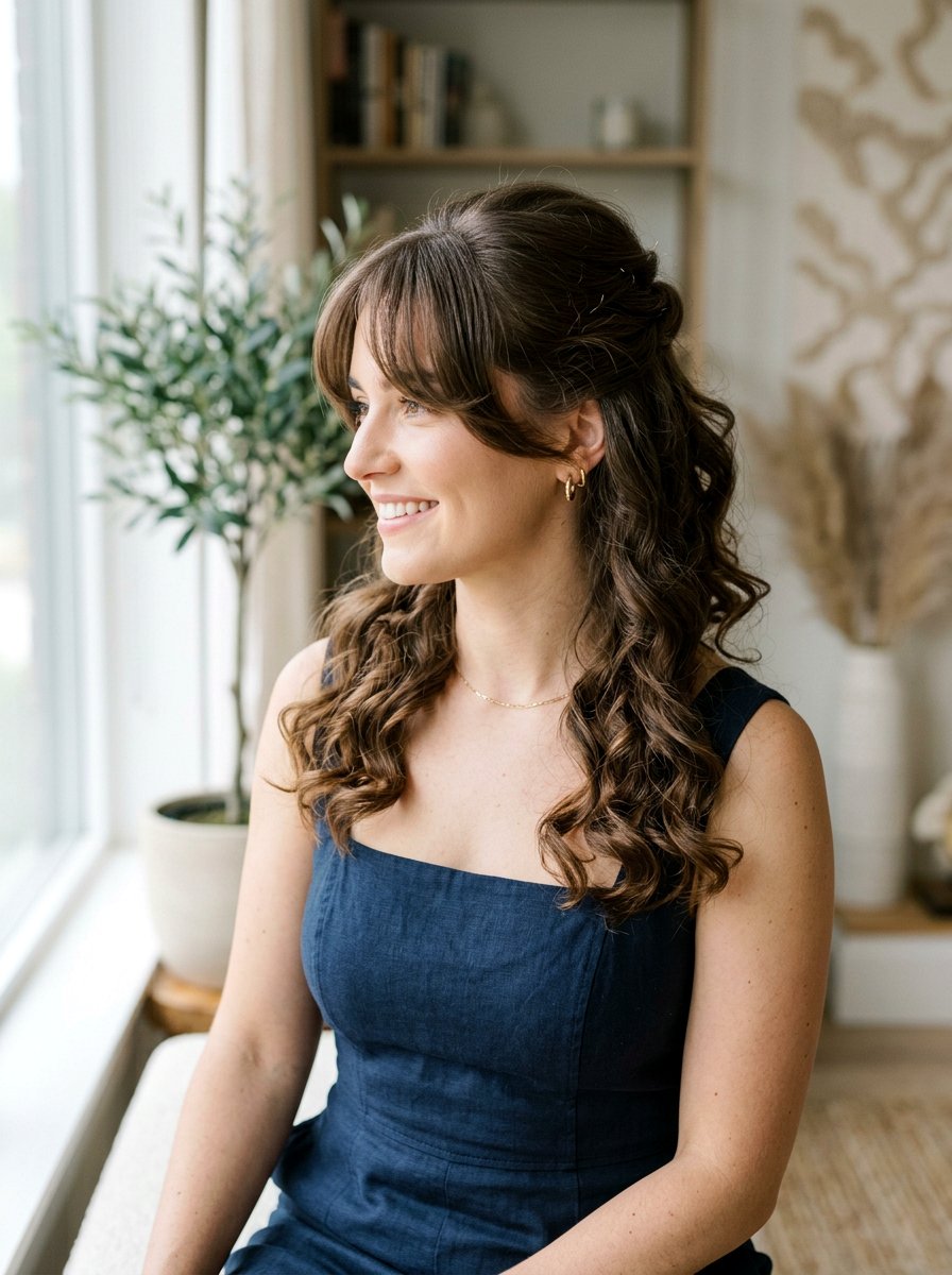 Half Up Half Down Curls With Curtain Bangs - 20 wedding guest half up half down curls - 20 wedding guest half up half down curls