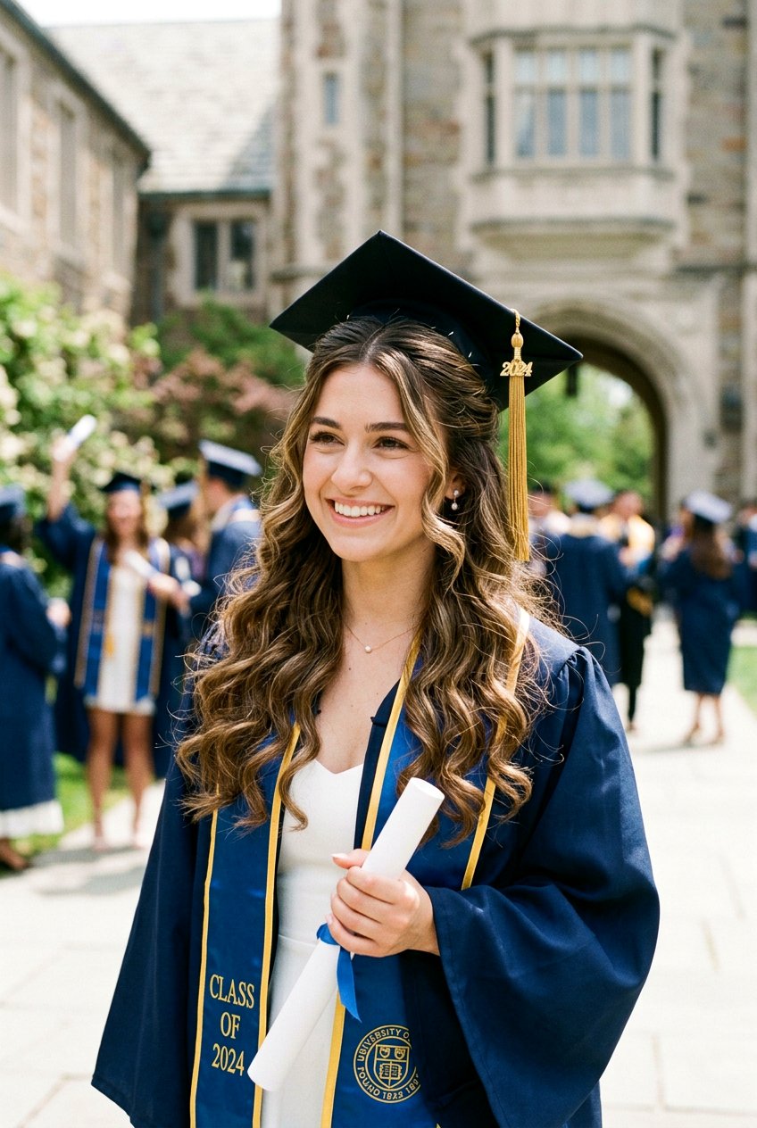 Half Up Half Down Curls With Graduation Cap - 20 graduation curls with cap - 20 graduation curls with cap