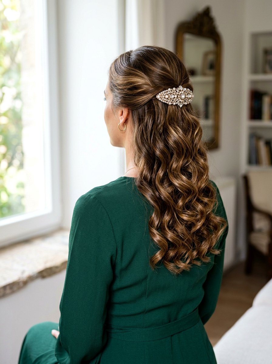Half Up Half Down Curls With Hair Accessory - 20 wedding guest half up half down curls - 20 wedding guest half up half down curls