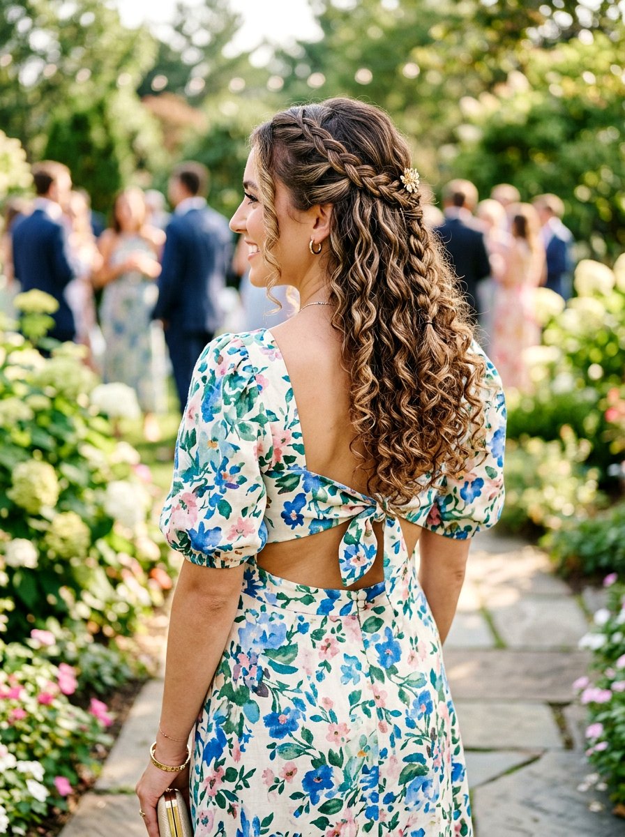 Half Up Half Down Curls With Small Braid - 20 wedding guest half up half down curls - 20 wedding guest half up half down curls