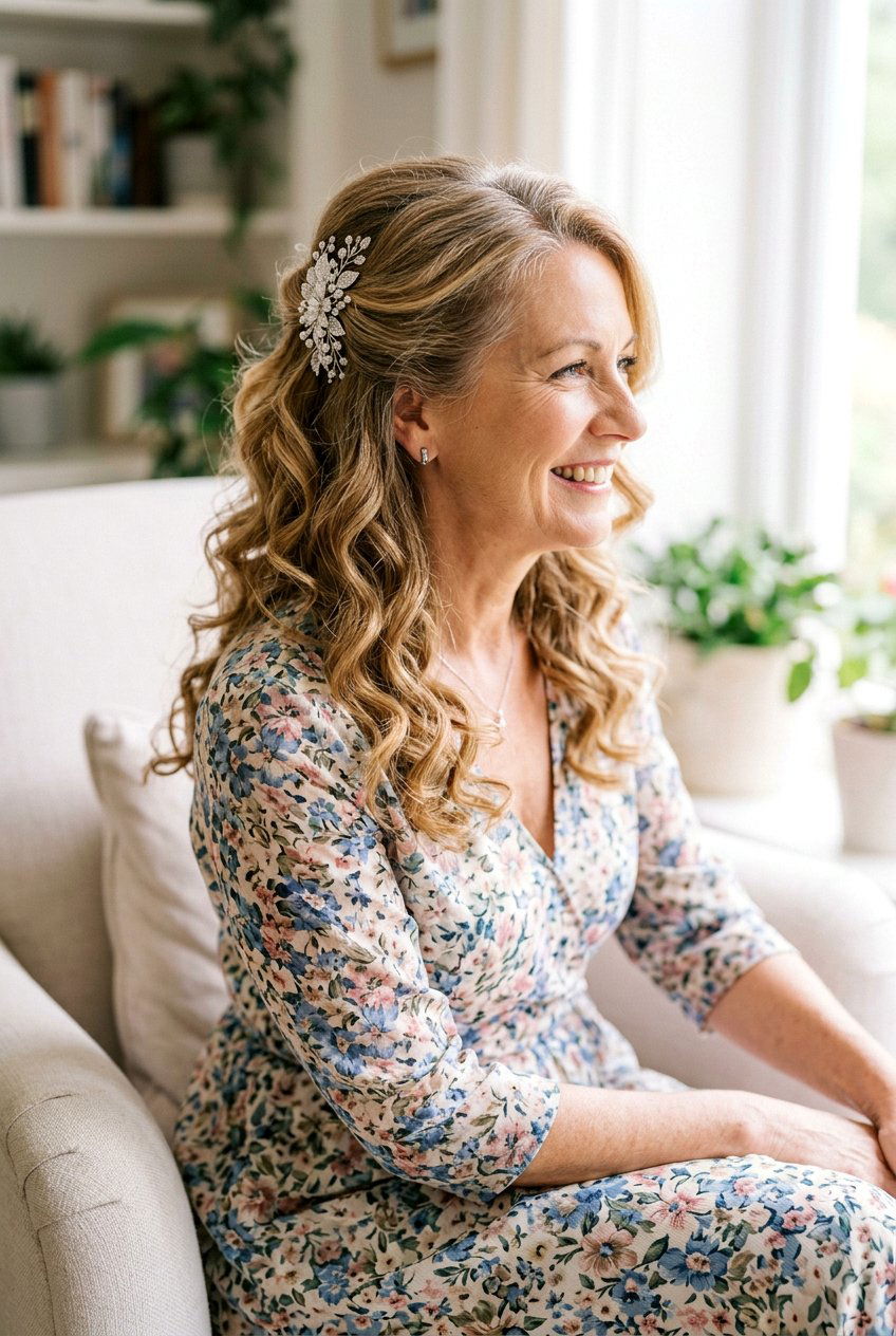 Half Up Half Down Curls - 20 classy wedding guest hairstyles for women over 50 - 20 classy wedding guest hairstyles for women over 50