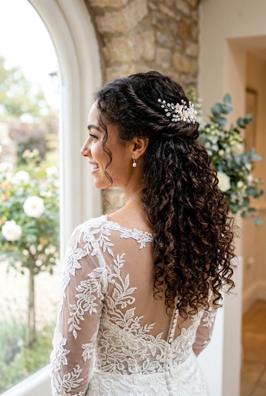 Half Up Half Down Curly Bridal Updo - 20 bridal hairstyle for shoulder length curls - 20 bridal hairstyle for shoulder length curls