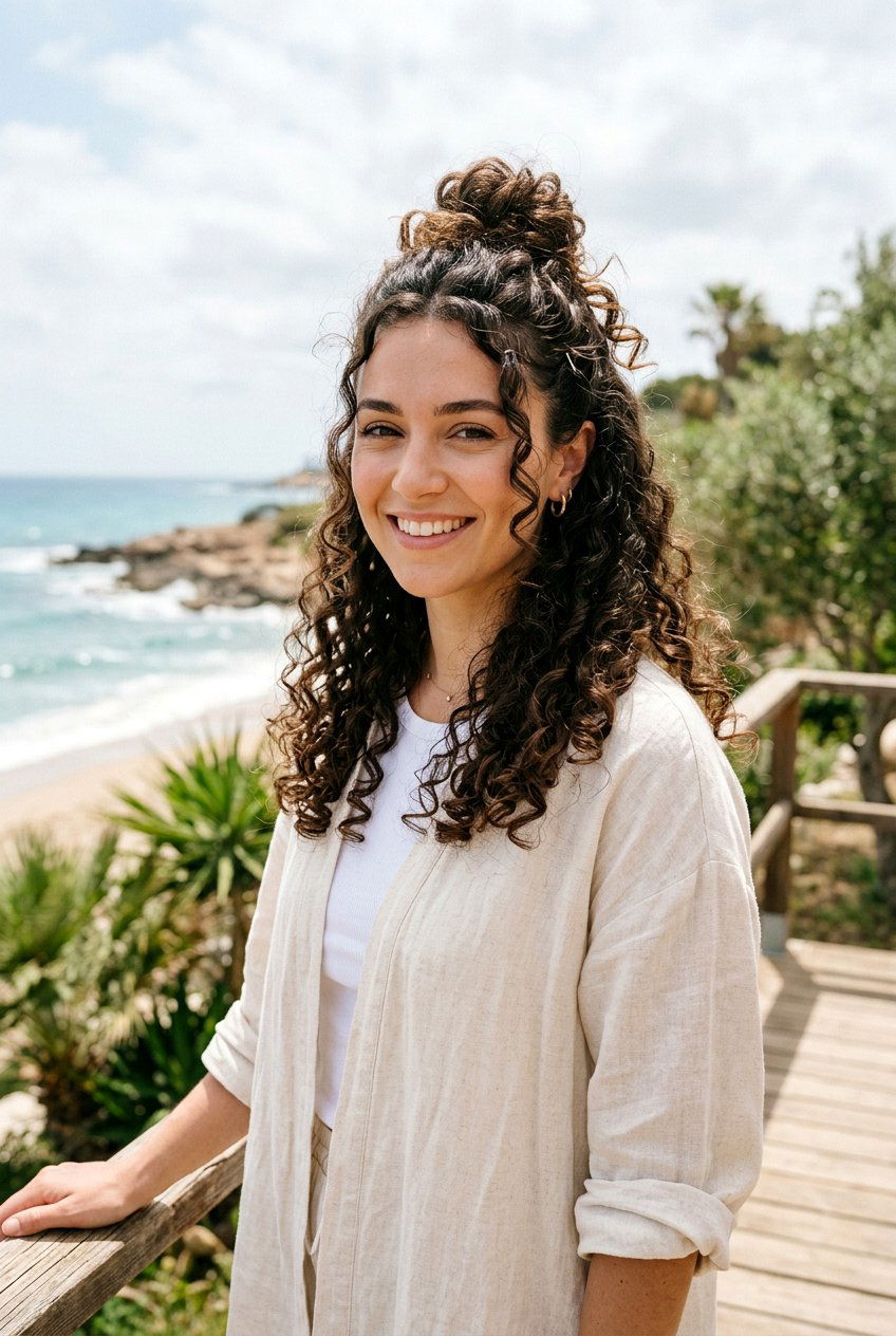 Half Up Half Down Curly Bun - 20 beach hairstyle for long curly hair - 20 beach hairstyle for long curly hair