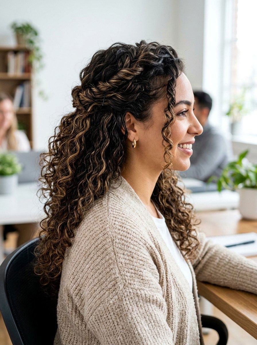 Half Up Half Down Curly Hair Work Updo - 20 easy work hairstyle for long curly hair - 20 easy work hairstyle for long curly hair