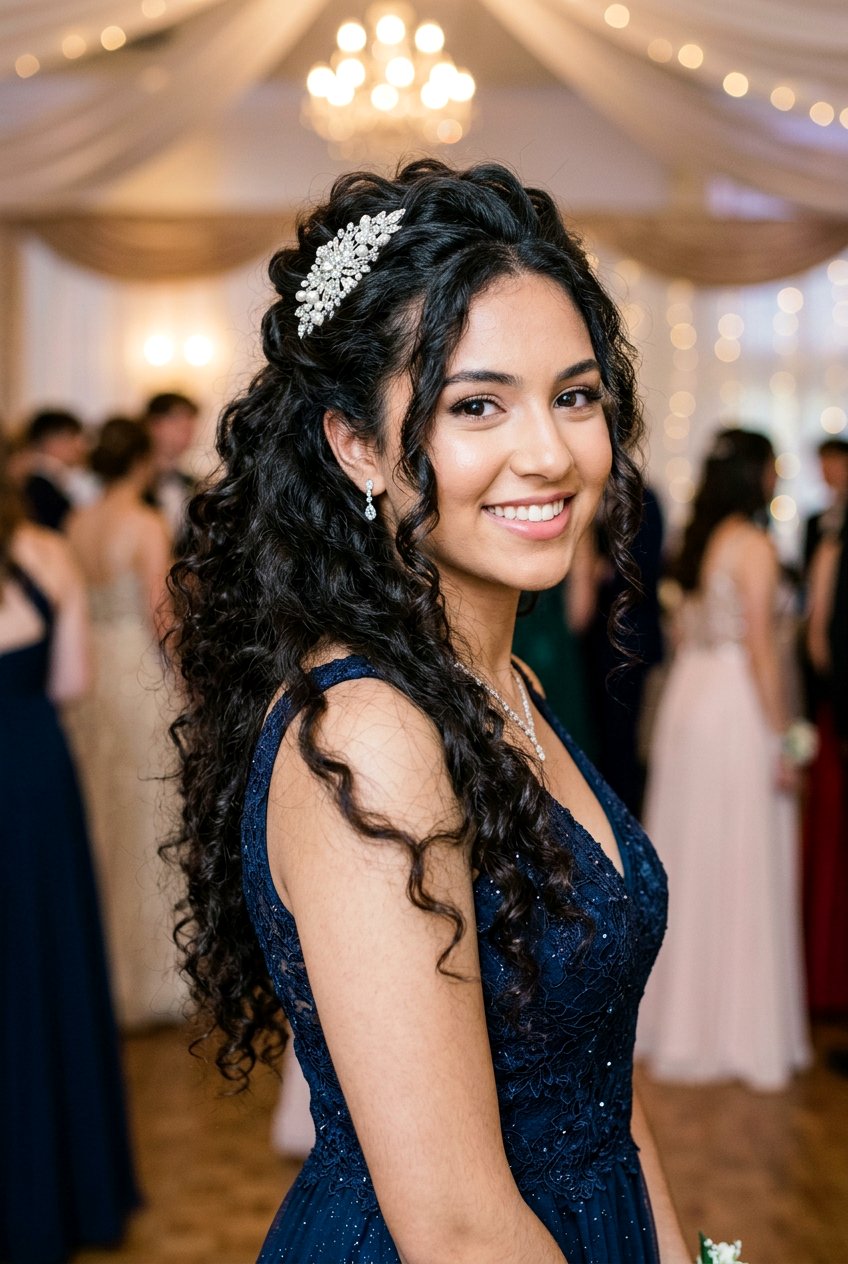 Half Up Half Down Curly Prom Hairstyle - 20 prom hairstyles for curly hair - 20 prom hairstyles for curly hair