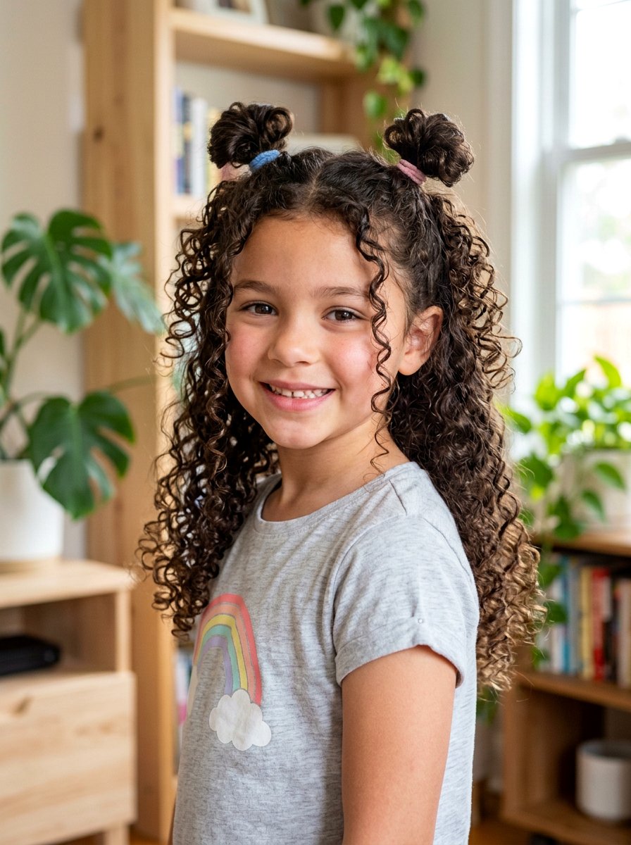 Half Up Half Down Curly Space Buns - 20 quick school hairstyle for short curly hair - 20 quick school hairstyle for short curly hair