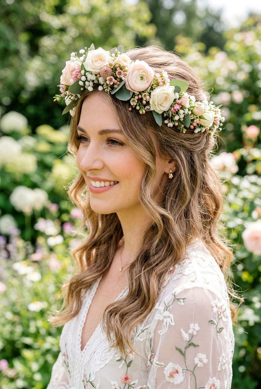 Half Up Half Down Flower Crown Hair - 20 flower crown hairstyles - 20 flower crown hairstyles
