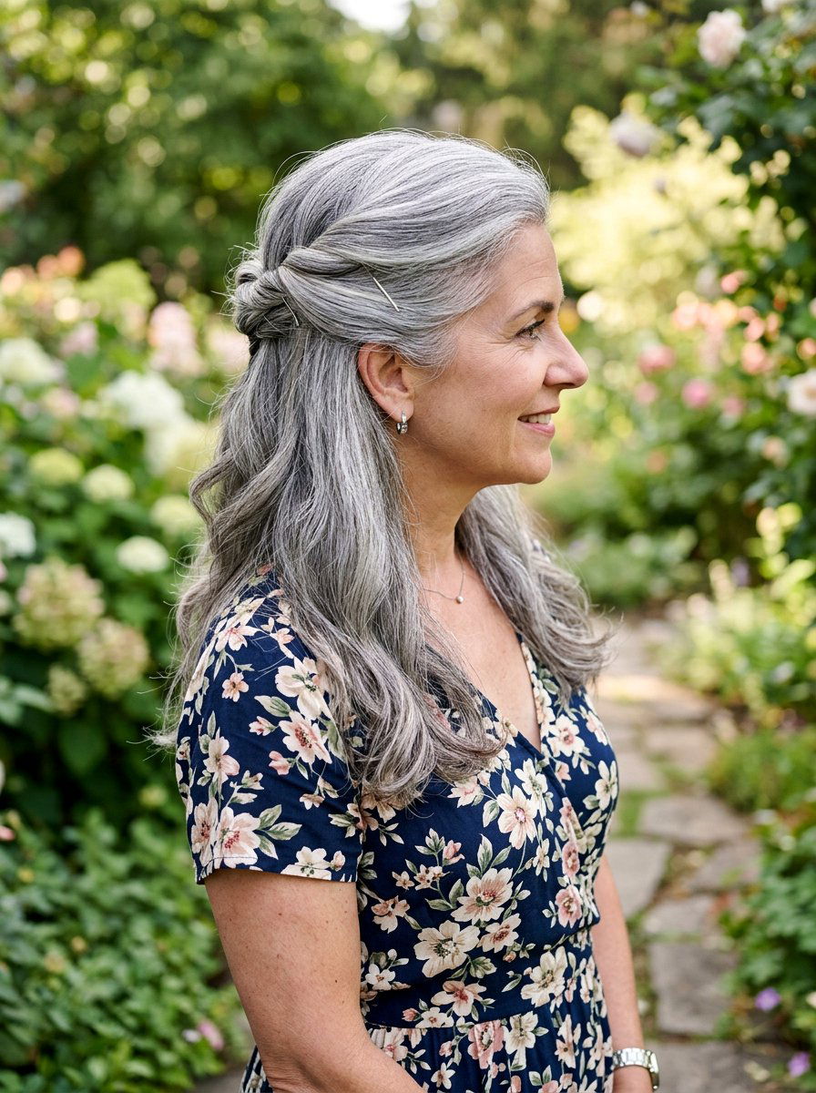 Half Up Half Down Gray Hair - 20 easy hairstyle for naturally gray hair - 20 easy hairstyle for naturally gray hair