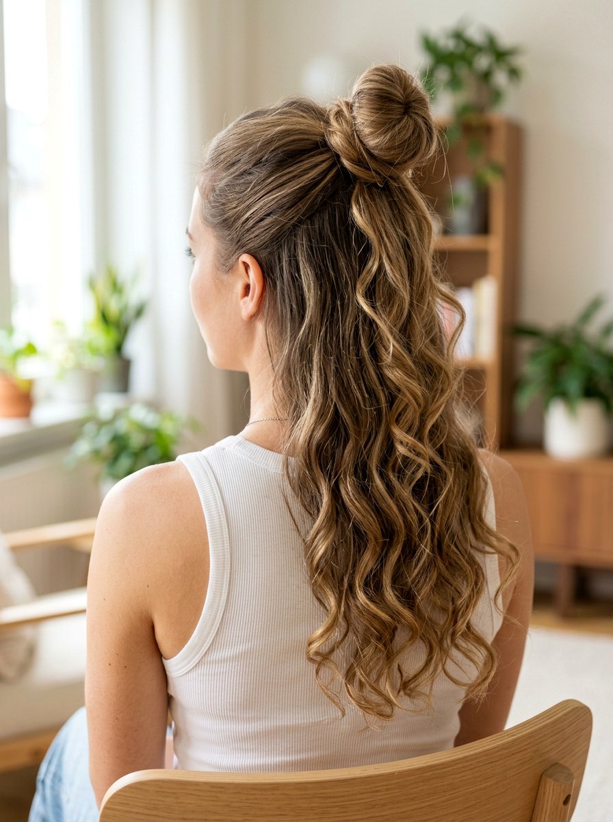 Half Up Half Down Gym Bun - 20 gym hairstyle for thick curly hair - 20 gym hairstyle for thick curly hair