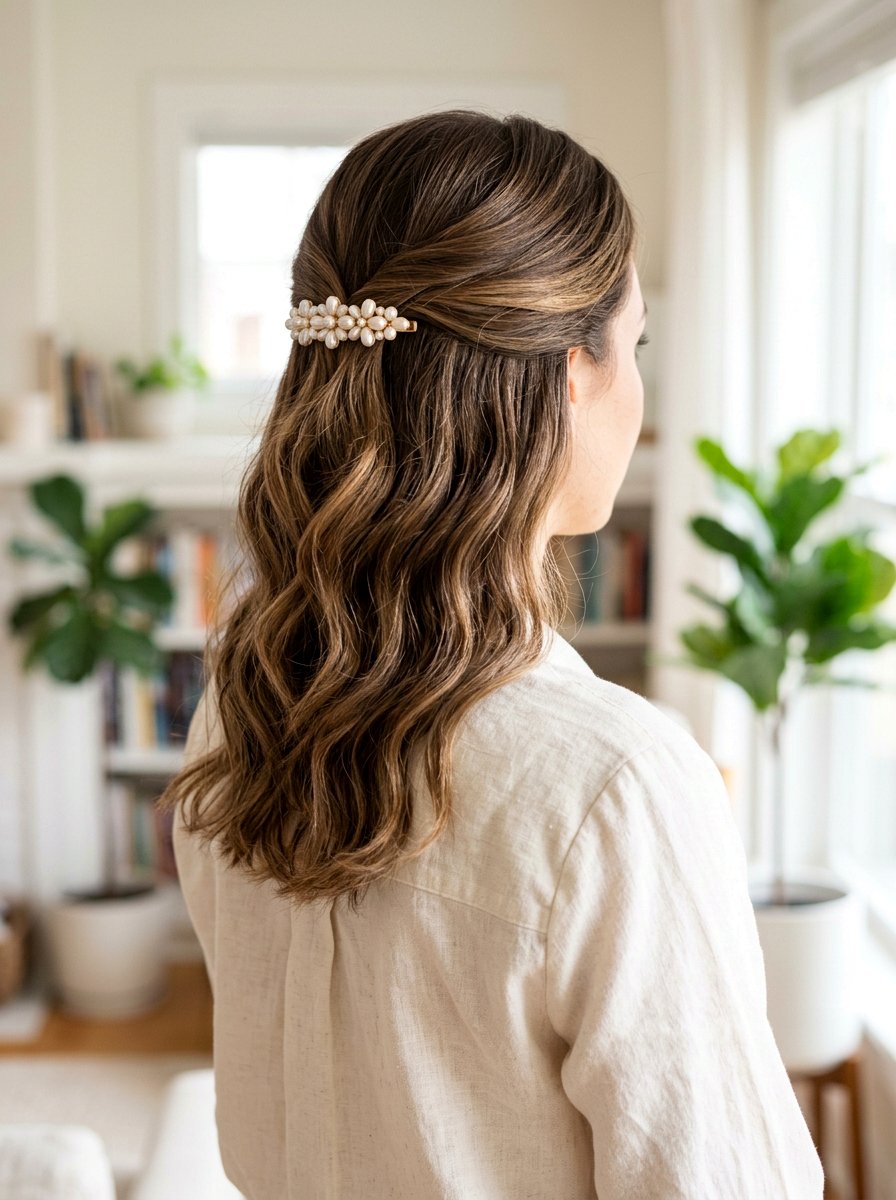 Half Up Half Down Hair With Pearl Barrette - 20 office hairstyle with pearl barrette - 20 office hairstyle with pearl barrette