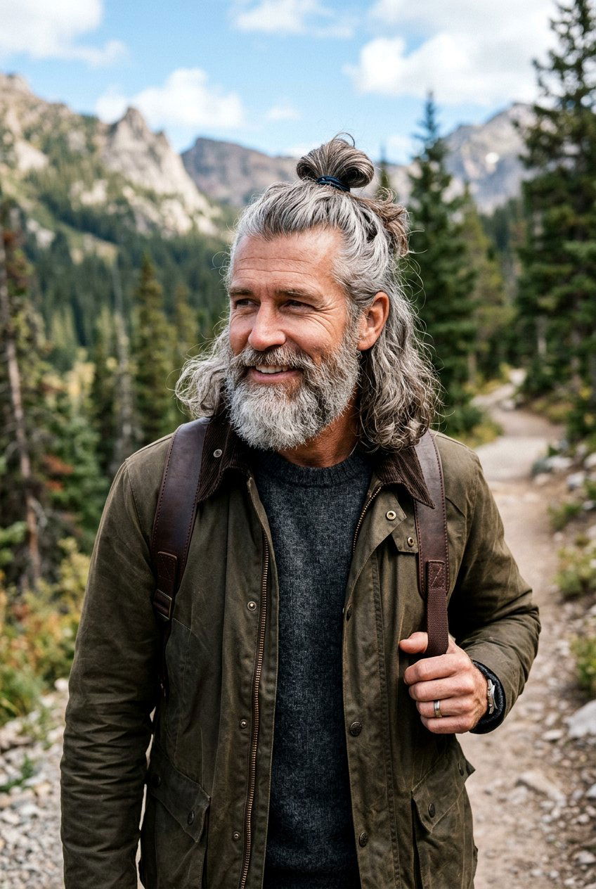 Half Up Half Down Knot - 20 long gray hairstyles for men - 20 long gray hairstyles for men