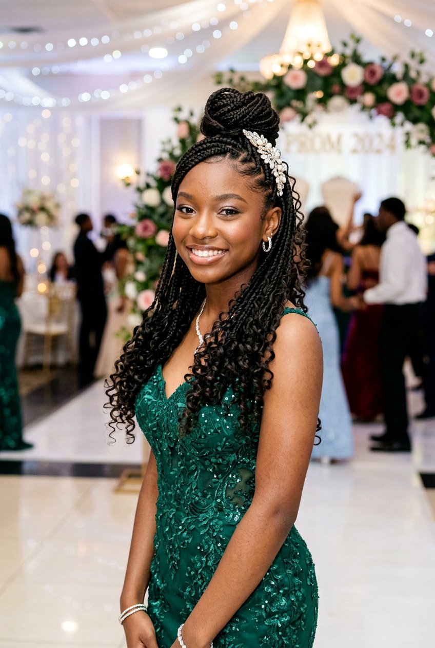 Half Up Half Down Knotless Braids with Curls - 20 prom knotless braids with curls - 20 prom knotless braids with curls